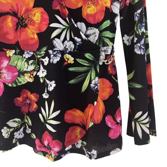 Thalia Sodi Womens Black Floral Tropical Print Bell Sleeve V-Neck Long Sleeve XS - Picture 3 of 8